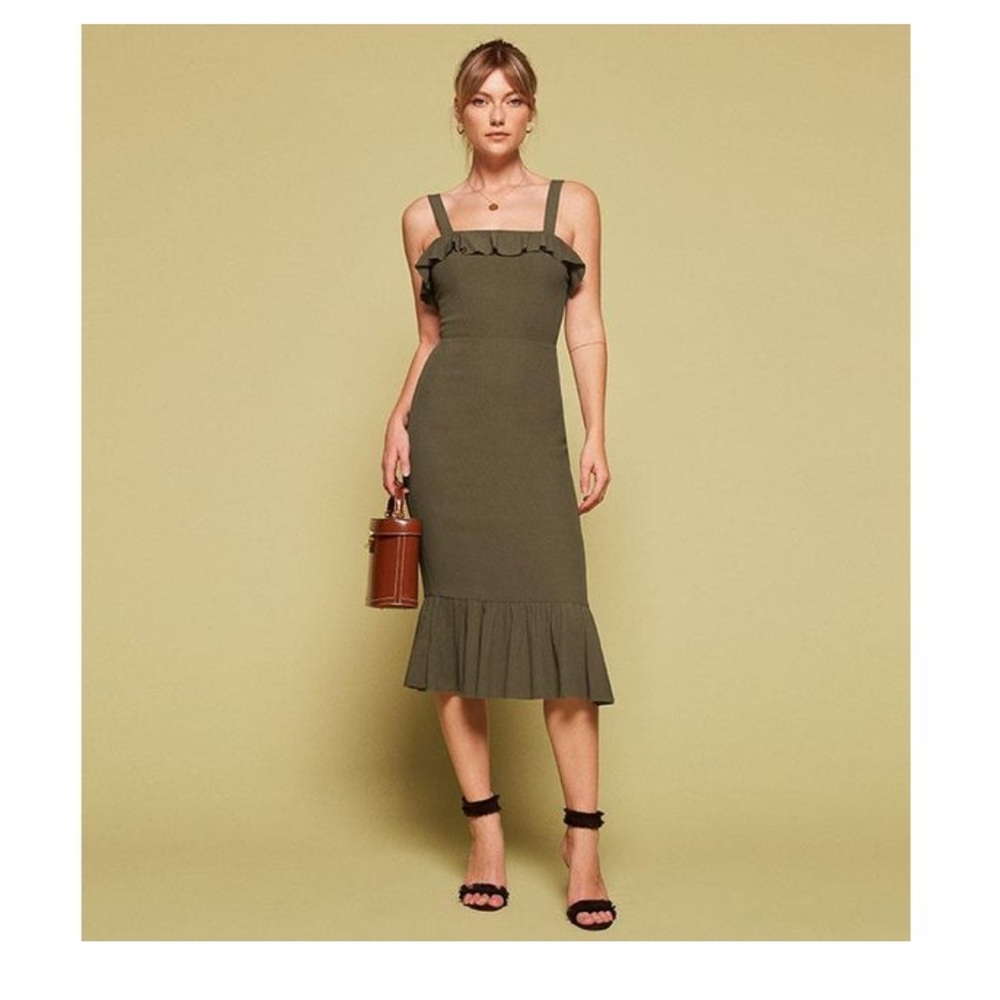 Reformation Frida Olive Green Ruffle Dress size 2